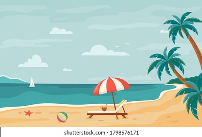 
Vector beach background. Tropical seashore with palm trees and yacht. Horizontal background. Summer beach. Beach lounger and umbrella on the sand coast. Seaside landscape, tropical beach relax