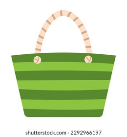 Vector beach bag with green stripes. Striped summer beach bag in flat design.