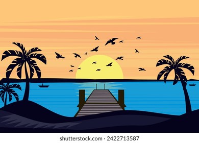 vector of beach beautiful sunset