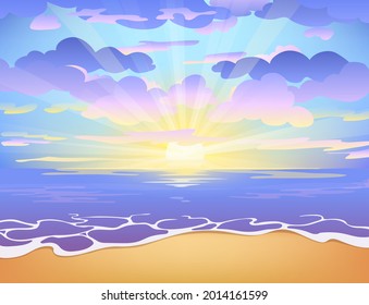 Vector beach. Bright sunset at sea, ocean. Sun, water, sand. Modern travel season poster. Tourism graphic design. Blue, orange, yellow sunrise. Warm dusk. Tropical landscape. Beautiful seaside resort 