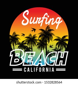 Vector - Beach CaliforniaTypography Graphics. T-shirt Printing Design for sports apparel. CA ocean beach original wear. Concept in vintage style. Symbol of vacation, summer and surfing. Vector