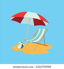Vector Beach Stuhl, Gelber Regenschirm und Ball, Sommerurlaub, Zeit zum Reisen Konzept. EPS10 Vektor.