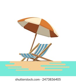 Vector of beach chairs and umbrellas on a white background, with the beach and sea water. Summer nuances with orange and blue. 