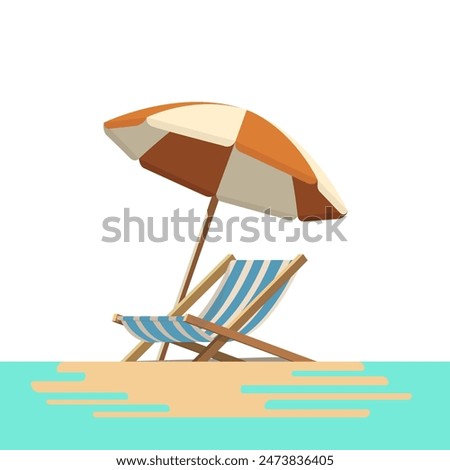 Vector of beach chairs and umbrellas on a white background, with the beach and sea water. Summer nuances with orange and blue. 