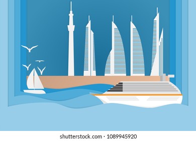 Vector beach with city, Yacht, sailboat, in summer .paper art and Vector illustration design.
