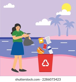 Vector beach cleanup concept flat illustration with woman holding trash bag putting rubish in trash bins