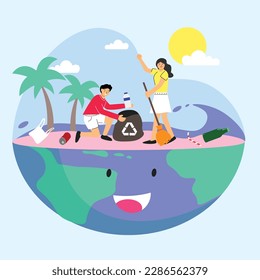 Vector beach cleanup concept flat illustration with man and woman holding trash bag putting rubish in trash bins for cleaning seaside