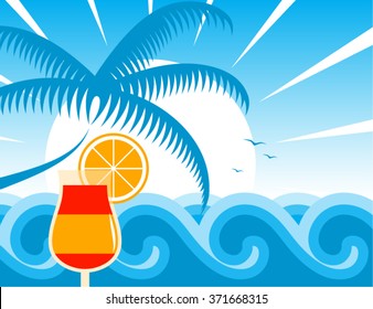 vector beach cocktail, palm tree and sunset over the sea
