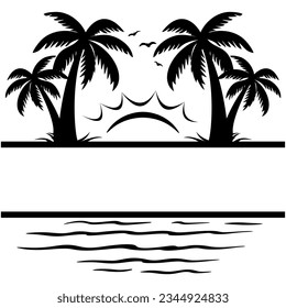 Vector of Beach With Coconut Trees and Sunset. Beautiful Summer Landscape Divided In Half To Insert Your Text