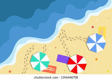 Vector beach with colorful umbrellas, sea stars and people