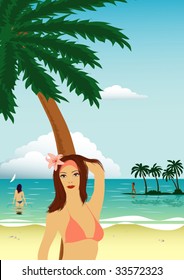 vector beach with girl