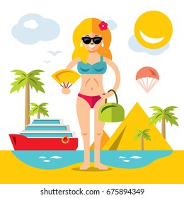 Vector Beach Girl. Flat style colorful Cartoon illustration.