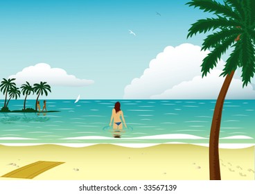 vector beach with girls