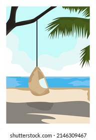 vector beach with green coconut leaves. This concept is suitable for holidays, wallpapers, backgrounds, banners, covers.