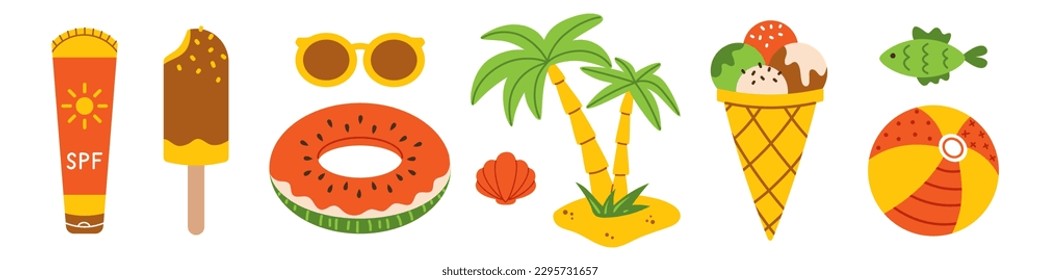 Vector beach holiday set in flat design. Colorful summer collection with ice cream, sunscreen, sunglasses, palm tree, beach ball, fish, seashell and watermelon swimming rubber ring. Island relaxation.