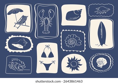 Vetor praia conjunto de férias com espreguiçadeira, lagosta, biquíni, onda, flor e coquetel. Elementos de desenho costeiro desenhados à mão na paleta azul marinho retrô e bege.