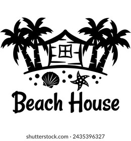 Vector of beach house with coconut tree and sandy beach