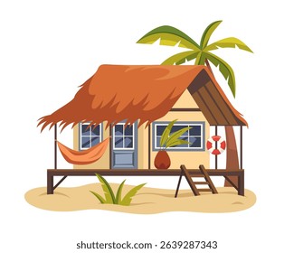 Vector beach house or tropical hut. Wooden bungalow with palm tree, hammock. Cabana or summerhouse on coastal island, shack or shelter. Sea and ocean, water holiday. Shore architecture symbol.