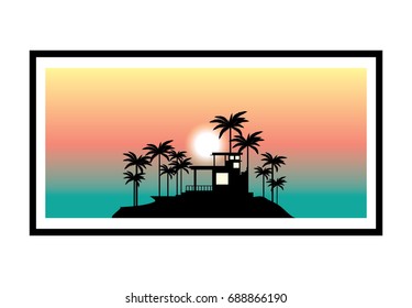 vector beach house and tropical sunset illustration
palms, island and villa