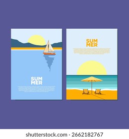 Vetor Beach Illustration in Summer (em inglês). Perfeito para pôsteres sazonais, banners de viagem, cartões de férias, conceitos de férias e projetos de saudações de verão.
