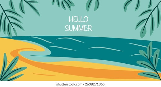 Vector Beach Illustration with Tropical Leaves, Sea and Sand. Flat Cartoon Vector Background for Seasonal Poster, Travel Banner, Holiday Card, Vacation Concept, Summer Greeting Design