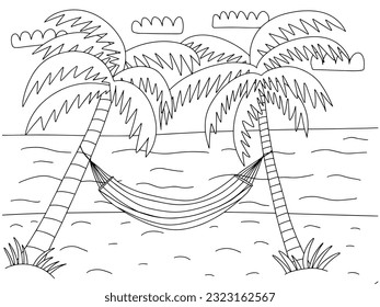 Vector beach landscape with hammock and palms coloring page. Hand drawn colouring page with summer sand beach