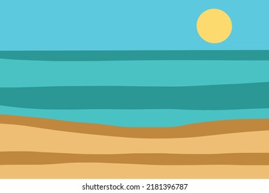 Vector. Ilustración del paisaje de la playa. Sol en el cielo azul, arena y horizonte marino. 
