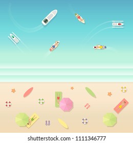 Vector beach landscape with people, ships, lifebuoy, umbrellas and sandals.