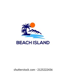 Vector Beach Logo Design Concept with and Sunset. Beach Landscape Logo Template