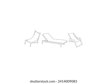 Vector beach lounge chaise chair outline illustration. Deckchair outline drawing. Summer rest single icon in outline style vector symbol stock illustration.