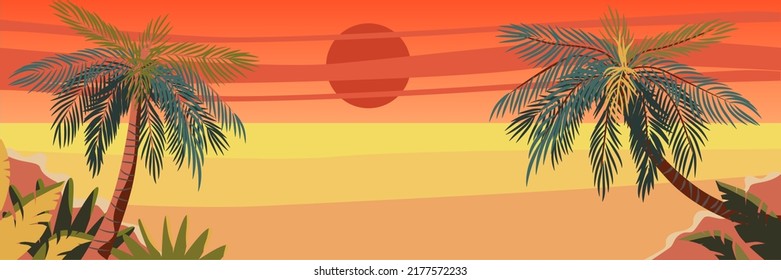 Vector beach ocean landscape illustration for horizontal banner. Summer sunset background. Colorful tropical landscape in palm trees forest and calm water reflection. Hello august