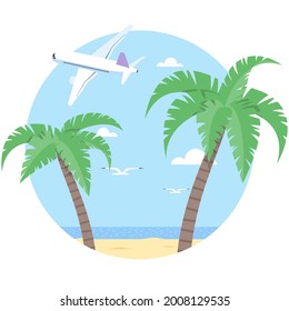 Playa vectorial con palmas e ilustración de avión en blanco