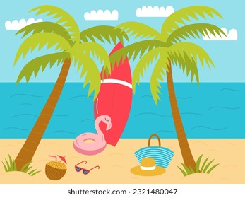 Vector beach with palms and hammock flat illustration. Flat sand beach landscape with surfboard, rubber ring and coconut cocktail