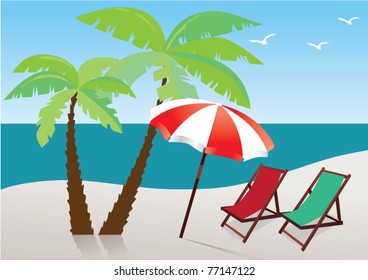 vector beach with palms, umbrella and chairs