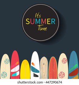 Vector beach party poster background. Wind surfing boards, circle frame. Vector illustration