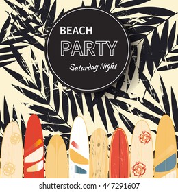 Vector beach party poster background. Palm leaves, wind surfing boards, circle frame. Vector illustration