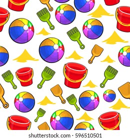 Vector beach pattern with sand, shovel, ball and bucket. Isolated on white background.