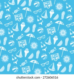 Vector beach pattern for summer. White elements on blue background. 