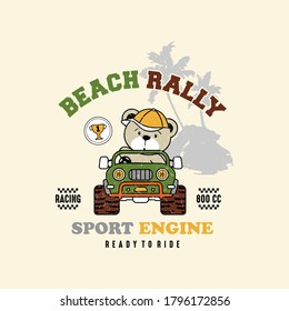 vector of beach rally, car race bear, animal vector, sport engine, ready to ride, racing 800 cc, cute bear race for t shirt