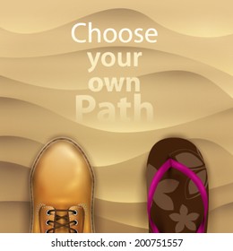 Vector Beach sand background with stylish boot and flip flop, choose your own path, background