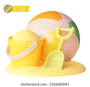Vector beach and sandbox toys icon. Plastic scoop, bucket, and ball on sand. Children summer fun, games and entertainment on the sandy beach