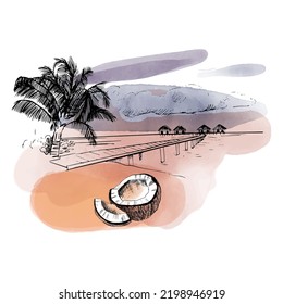 Vector beach scene at sunset