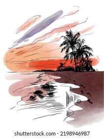 Vector beach scene at sunset