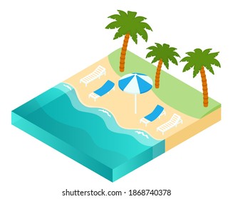 Vector beach with sea, palm trees and sun loungers, isometric 3D illustration of coast