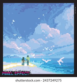 vector beach and sea scene in 8 bit pixel style