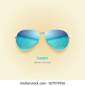 Vector Beach Sea And Sky Reflection Sunglasses. Holiday Design