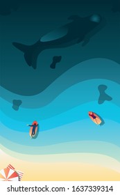 vector beach and sea with surfers and whale