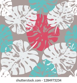 Vector beach seamless pattern wallpaper of blue and pink tropical leaves of palm trees on a brown background. Vector seamless pattern. Tropical illustration. Jungle foliage. Cool floral wallpaper