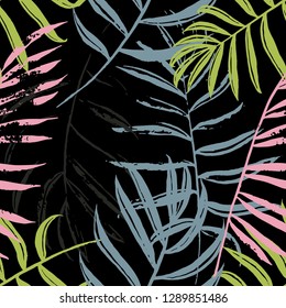 Vector beach seamless pattern wallpaper of vintage grunge tropical leaves of palm trees on the black background. Vector seamless pattern. Tropical illustration. Jungle foliage. Cool floral wallpaper