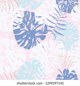 Vector beach seamless pattern wallpaper of blue and beige tropical leaves of palm trees on a pink background. Vector seamless pattern. Tropical illustration. Jungle foliage. Cool floral wallpaper